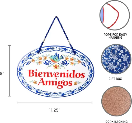 Miniatura 2 de Essence of Europe Gifts Letrero de cerámica tradicional latino de 8.75 x 6 pulgadas, letrero de bienvenida español con ilustraciones en relieve