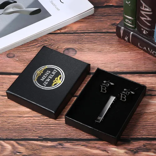 Miniatura 2 de LOYALLOOK Juego de gemelos negros con inicial y clip de corbata para hombre, gemelos de cobre personalizados y barra de corbata, letras del alfabeto