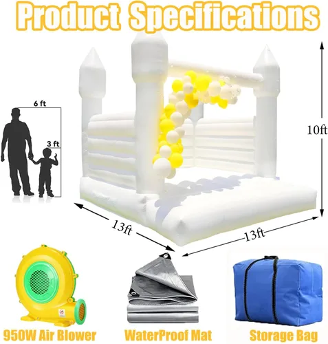Miniatura 5 de Castillo inflable blanco de rebote de 13 x 13 x 10 pies, gran casa hinchable de PVC con soplador para niños pequeños y adultos, interior o exterior