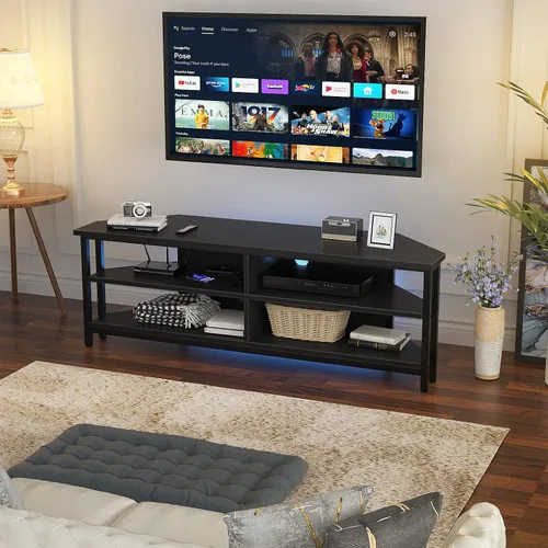 Miniatura 6 de Unikito Soporte esquinero de TV con toma de corriente, mesa de esquina para centro de entretenimiento con 4 estantes abiertos, mueble de TV
