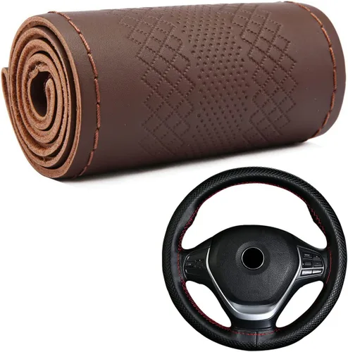 Miniatura 9 de Funda para volante de automóvil, ajuste universal, punto redondo, funda fina de piel sintética cosida en volante de automóvil de 15 pulgadas (negro)