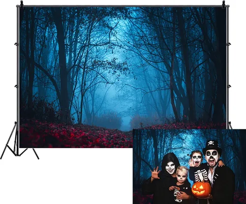 Miniatura 9 de Misty Forest Backdrop Halloween Eve Dark Blue Fog Fall Autumn Maple Leaves Woods Background for Thanksgiving Party Photography Studio Photo Booth