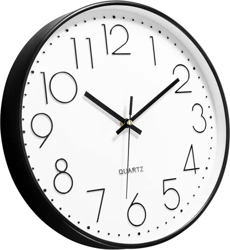 Miniatura 4 de Foxtop Reloj de pared negro de 12 pulgadas, silencioso, sin tictac, de cuarzo, funciona con pilas, reloj redondo fácil de leer para oficina, aula