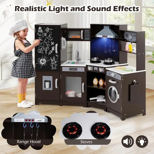 Miniatura 3 de Costzon Cocina de Esquina de Juguete con Luces, Sonidos, Gran Juego de Cocina de Pretensión con Pizarra, Microondas, Accesorios de Cocina, Juguete