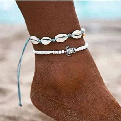Miniatura 3 de Aluinn Juego de tobilleras de concha con capas de tortuga bohemia, pulseras de tobillo plateadas, cadena de pie de playa, accesorios de joyería