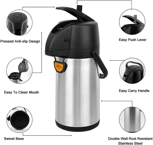 Miniatura 2 de Airpot - Dispensador de café térmico con bomba, 2.2L/74 onzas, aislado de acero inoxidable, gran jarra de café, palanca de acción para agua