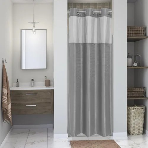 Miniatura 18 de eachope Cortina de ducha negra sin gancho con forro de tela a presión, cortinas de ducha de tejido gofre para baño, juego de cortinas de baño