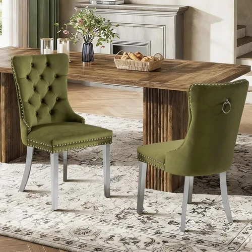 Miniatura 20 de Juego de 2 sillas de comedor de terciopelo tapizadas con ribete de cabeza de clavo y patas doradas chapadas en acero inoxidable para cocina