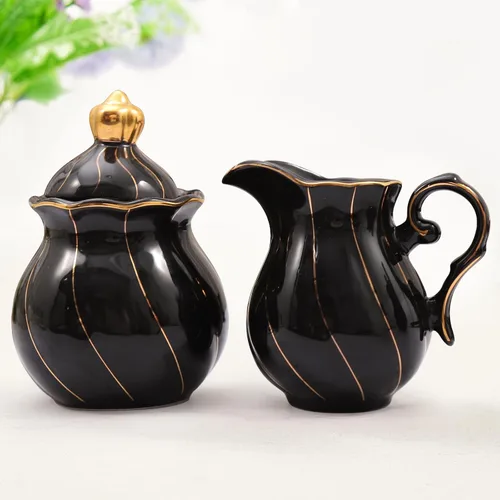 DUJUST Black Cream & Sugar Set, diseño británico de lujo en bordes dorados, 1 azucarero con tapa (12 onzas), 1 crema (8 onzas), juego de crema de