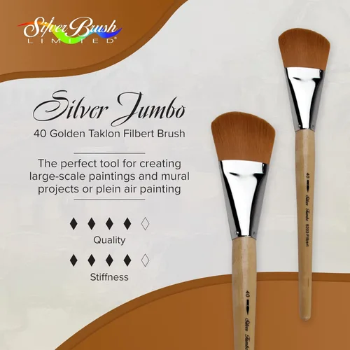 Miniatura 2 de Silver Brush Limited 820340 Pincel plateado Jumbo Golden Taklon Filbert, murales grandes, pintores de caballete y muebles, tamaño 40, mango