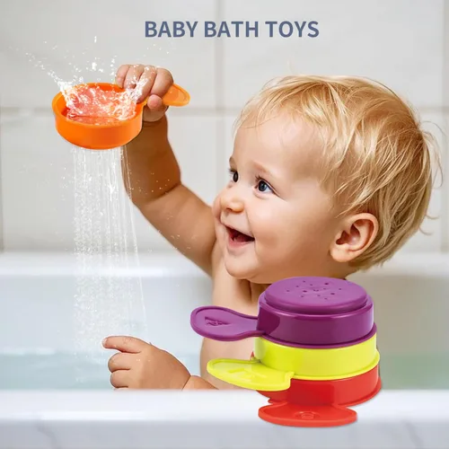 Miniatura 4 de Juguetes de baño para bebés y niños pequeños, 15 piezas, juguetes de agua para bañera sin molde con barcos flotantes de color arcoíris, cucharas