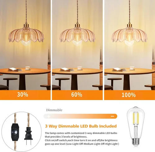 Miniatura 2 de QIYIZM Lámpara Colgante con Enchufe Luces Colgantes con Cable de Enchufe Lámpara Colgante de Vidrio Vintage Dorada Regulable Lámpara de Techo Floral