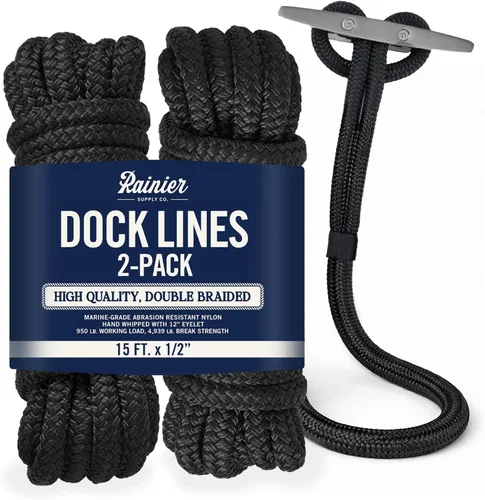 RainierSupplyCo - Paquete de 2 cuerdas de barco para acoplamiento con bucle, cuerda marina de nailon doble trenzada de alta calidad de 15 pies x 1/2