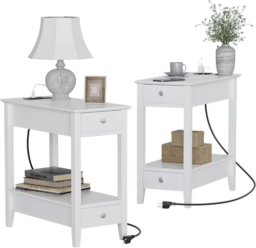 Miniatura 9 de Treocho Juego de 2 Mesas Auxiliares de Estilo Rústico para Sala de Estar, Mesa Lateral Estrecha con Estación de Carga, Mesa de Color Blanco Suave
