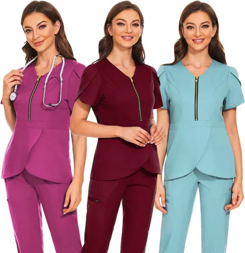 Miniatura 6 de VIAOLI Conjunto de ropa quirúrgica para mujer con cremallera, conjunto médico de enfermería y pantalón de enfermería, diseño moderno y sexy