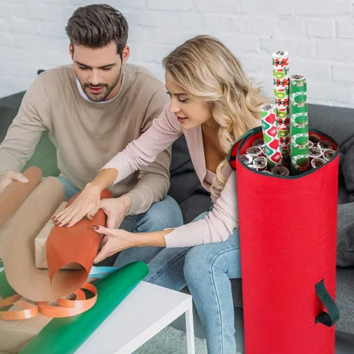 Miniatura 6 de Bolsa de almacenamiento de papel de regalo, organizador de papel de regalo debajo de la cama para almacenar múltiples rollos de papel de regalo, Rojo