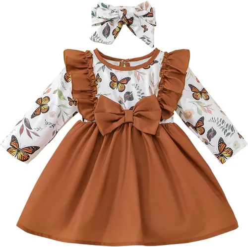 Vestido de lazo floral para niñas pequeñas lindos vestidos con volantes vestidos de manga larga vestido casual suave para otoño