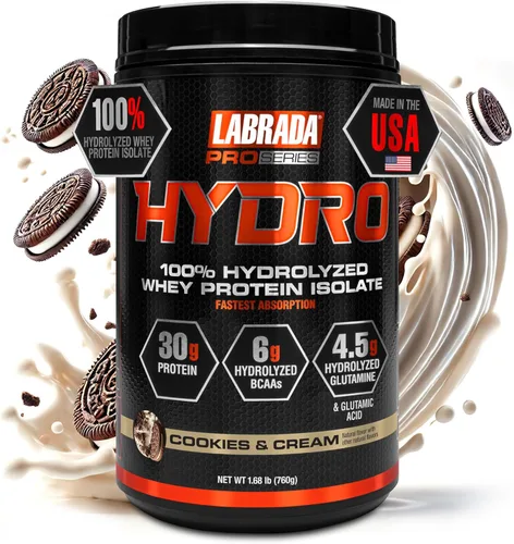 Miniatura 9 de LABRADA HYDRO 100% Polvo de proteína aislada de suero hidrolizada pura, sin lactosa, 6g de BCAA, 4.5g de glutamina, el suero más rápido de digerir