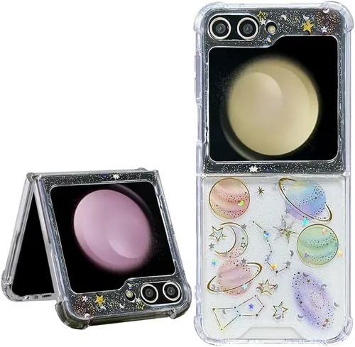 Miniatura 19 de Abbery Funda transparente para Samsung Galaxy Z Flip 3 5G, transparente y con diseño de purpurina bonita con purpurina floral prensada de Rosa