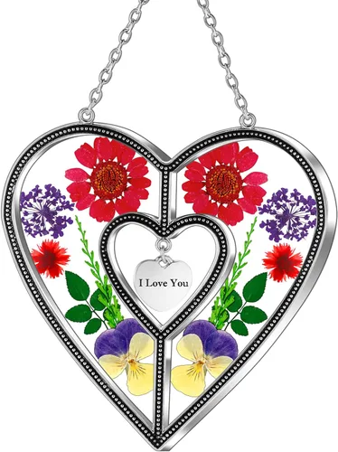 Miniatura 16 de KY&BOSAM Atrapasoles de cristal con forma de corazón, árbol de la vida, paneles de vitrales, colgantes de flores reales para ventanas, hogar