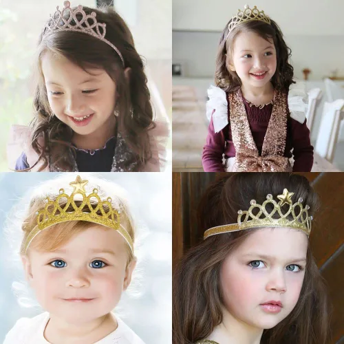 Miniatura 3 de DonLeeving Paquete de 6 diademas de tiara con purpurina para niñas, bandas elásticas para el pelo de princesa para niños pequeños