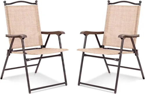 Miniatura 10 de TANGZON Set of 2 Folding Garden Chairs, Portable Steel Frame High Back Chair Set with Armrests, Indoor Outdoor Weather Resistant Dining Seat for