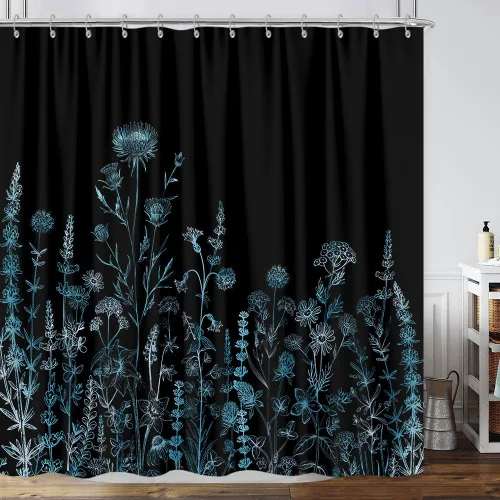 Miniatura 28 de Cortina de ducha de mariposa floral negra y dorada, cortina de ducha bohemia con diseño botánico de flores oscuras para baño con gancho, juego