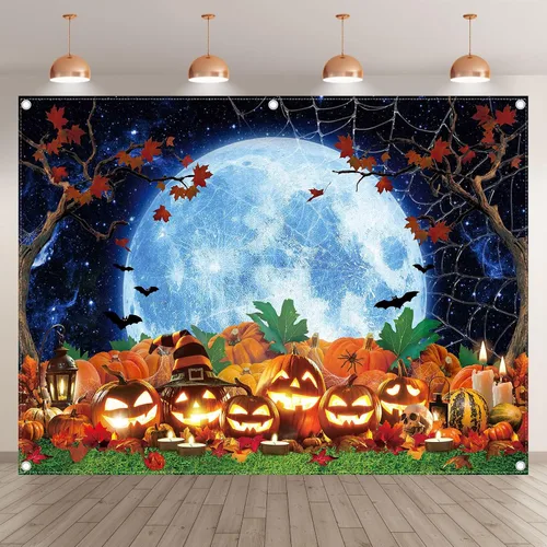 Miniatura 2 de Telón de fondo de fotografía de Halloween de 8 x 6 pies, parche de calabaza, cielo estrellado, luna, fondo nocturno, camión o golosinas