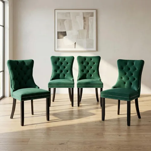Miniatura 136 de OVENTA Juego de 4 sillas de comedor modernas tapizadas copetudas, terciopelo negro y gris y cuero con patas de madera maciza, sillas de cocina