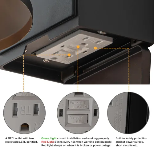 Miniatura 6 de Aplique de pared al aire libre con salida GFCI negro impermeable antioxidante aluminio exterior iluminación de granero montaje en pared delantera