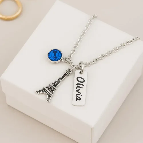 Miniatura 7 de Collar personalizado de la torre Eiffel, piedra natal personalizada con nombre grabado en la torre Eiffel, colgante de torre Eiffel para mujer