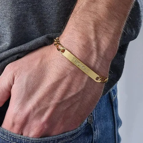 Miniatura 3 de THOYAS Pulsera de identificación personalizada para hombre, chapada en oro de 18 quilates, cadena Figaro de 0.197in, pulseras de identificación