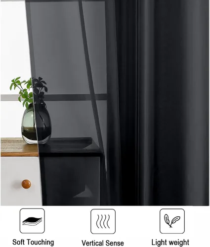 Miniatura 4 de LIVEKID Cortinas traslúcidas negras de cocina de 36 pulgadas de largo, cortinas cortas filtrantes de luz, 2 paneles de gasa aireada, texturizadas