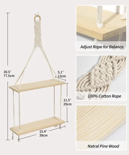Miniatura 3 de Afuly Estante colgante de pared de macramé, estantes flotantes bohemios, cuerda de algodón, decoración rústica del hogar, 2 niveles, colgador