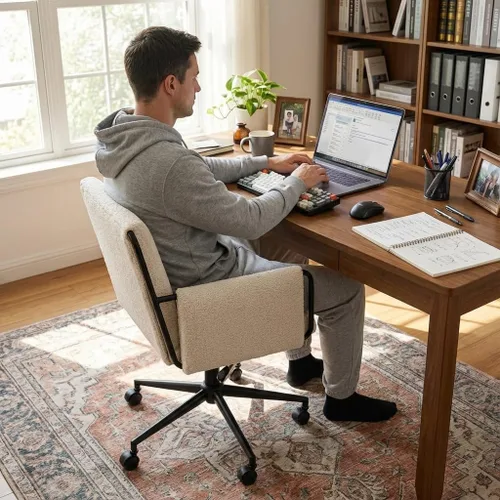 Miniatura 8 de YOUNIKE Silla de oficina en casa con brazos, silla de escritorio moderna con ruedas, sillas de tocador de tela con cómodas patas cruzadas traseras