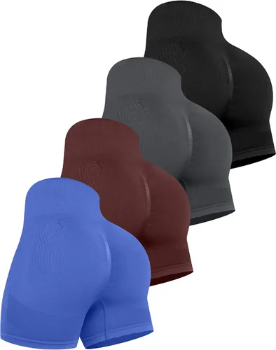 Miniatura 6 de CHRLEISURE Pantalones Cortos de Entrenamiento para Mujer, 4 Paquetes, Cintura Alta, Levantamiento de Glúteos con Fruncido, Pantalones Cortos Booty