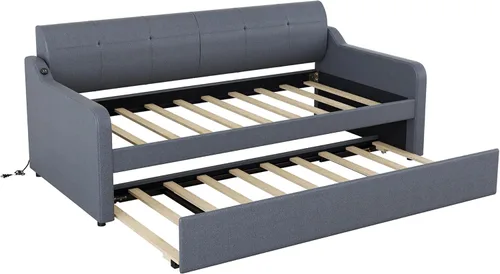 Miniatura 6 de Sofá cama individual con nido, sofá cama de tapicería con diseño de carga USB, nido puede ser plano o erigido, gris