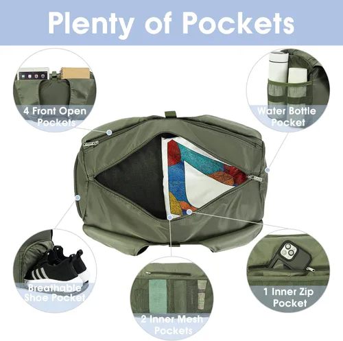 Miniatura 3 de Bolsa de gimnasio para mujer con compartimento para zapatos y bolsillo húmedo con soporte ajustable para esterilla de yoga, Verde militar, Moda