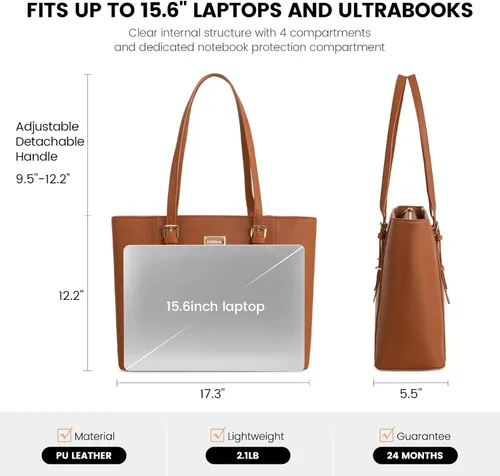 Miniatura 5 de Bolsa para laptop para mujer, bolso grande de oficina, maletín para hasta 15.6 pulgadas (versión actualizada), color marrón