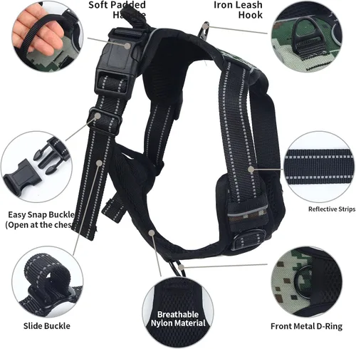 Arnés ajustable y acolchado suave para perro, nailon transpirable con hebilla de seguridad, fácil de poner, accesorios de anillo delantero y