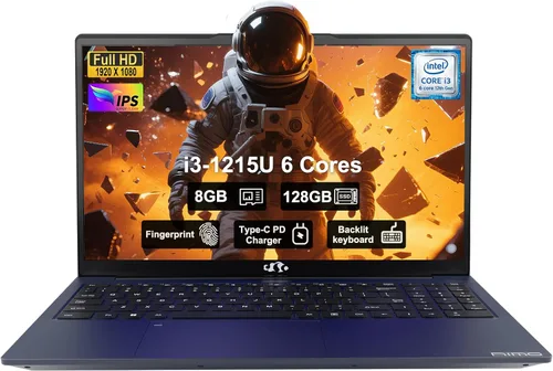 NIMO Laptop portátil FHD IPS de 15.6", Intel Core i3-1215U (hasta 4.4 GHz, Beat R5 7520U), 8 GB de RAM 128 GB SSD Computadora de trabajo, KB