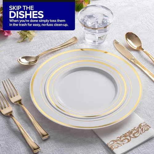 Miniatura 7 de Juego de cubiertos de plástico resistente (dorado) de 75 piezas, juego de cubiertos desechables, ideal para fiestas, bodas y catering, cubiertos