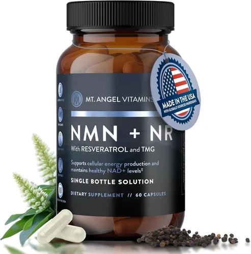 Mt. Angel Vitamins Suplemento NMN + NR con resveratrol y TMG, precursores duales de NAD+ para energía celular y envejecimiento saludable, 60 cápsulas