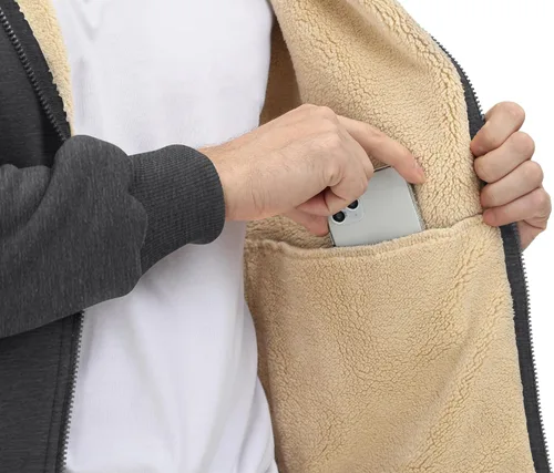 Miniatura 7 de CRYSULLY Chaqueta con forro de sherpa para hombre, con cremallera completa, sudadera con capucha para invierno