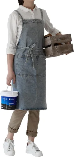 Miniatura 23 de Delantal Tobyan de Mezclilla de Algodón Suave - Delantal Unisex Ajustable con Babero de 5 Bolsillos Perfecto para Cocinas ZD-azul