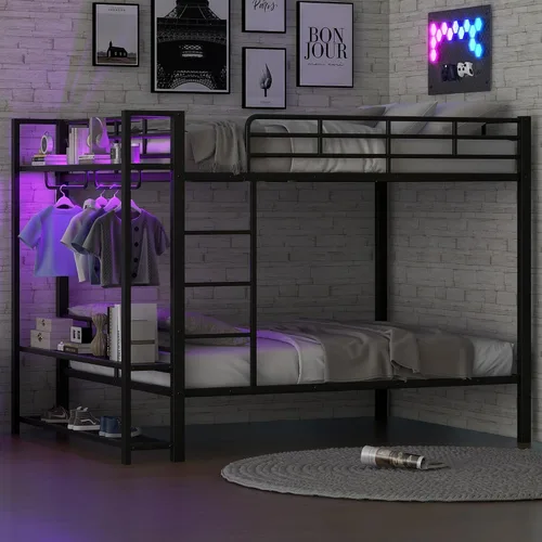 Miniatura 16 de Litera de metal resistente de tamaño individual sobre matrimonial, con escalera integrada y barandilla de seguridad para niños, adolescentes