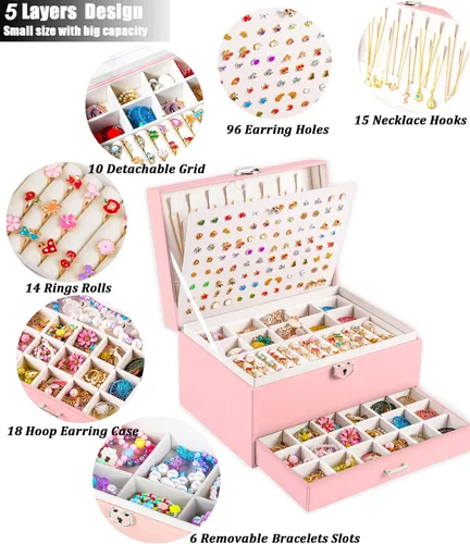 Miniatura 2 de QBestry Soporte para aretes para niñas, joyero para mujeres y niñas, organizador de aretes, caja organizadora de joyas con cerradura, caja
