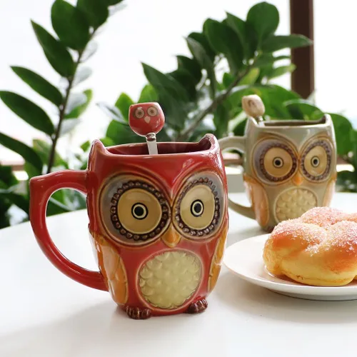 Miniatura 2 de SQOWL Juego de 2 tazas de café 3D de cerámica con cucharas, tazas de té de oficina para mujeres y hombres, 12 onzas, cian y rojo