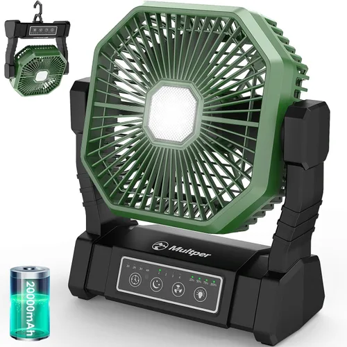 Multper Ventilador portátil, ventilador de campamento de 20000 mAh con linterna LED y control remoto, ventilador recargable de 4 velocidades y 4