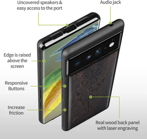 Miniatura 8 de Carveit Funda de madera para Pixel 6 Pro [madera real y TPU suave] a prueba de golpes, híbrida, cubierta de madera única y elegante compatible